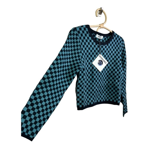 Daydreamers Teal Green Black Checker Pullover Long Sleeve Sweater Size L NEW - Picture 5 of 15